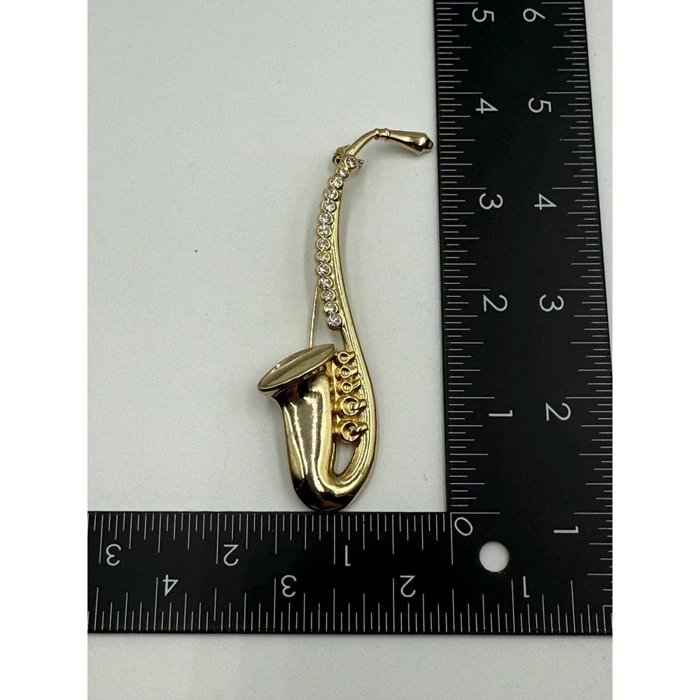 Vintage Saxophone Brooch Gold Tone Rhinestone Music Instrument Pin